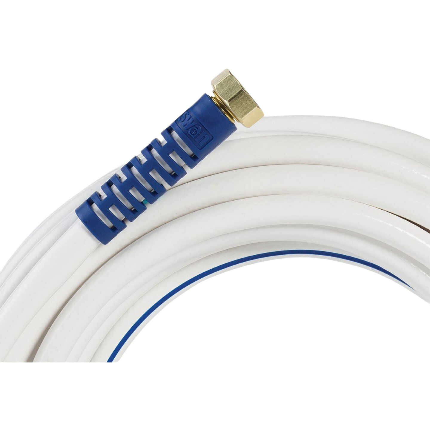 Coiled white medical-grade vinyl garden hose with brass fitting, designed for watering and irrigation under $50