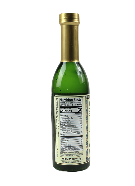 Back view of green glass vinaigrette bottle displaying nutrition facts label from Hartville Oil & Vinegars collection
