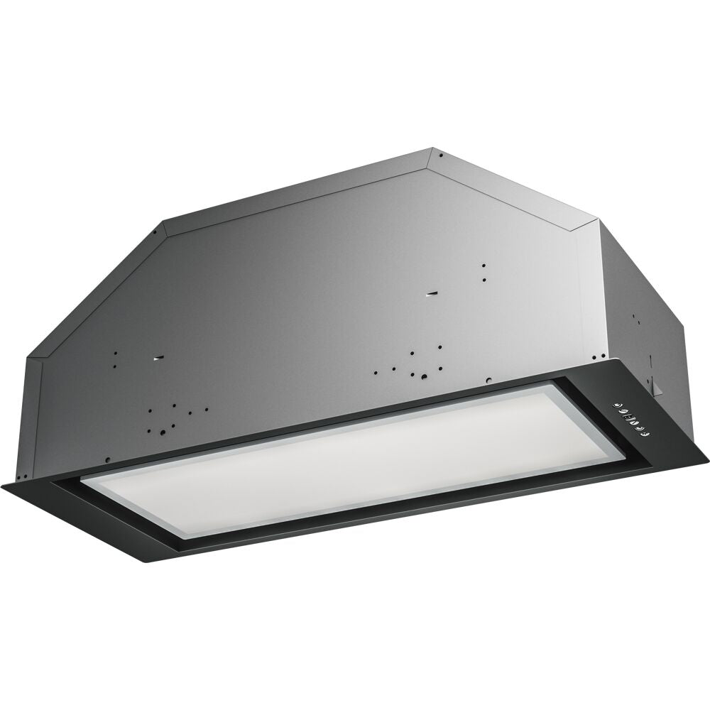 Stainless steel insert hood with large LED light panel designed for perimeter aspiration in kitchen appliances collections