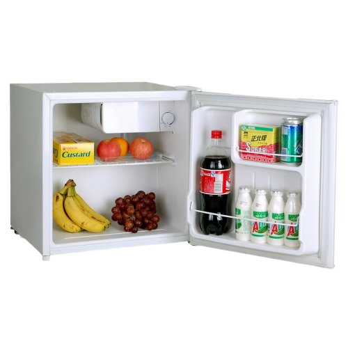 White mini refrigerator open with snacks and beverages inside, ideal for mini refrigerators and kitchen appliances collections