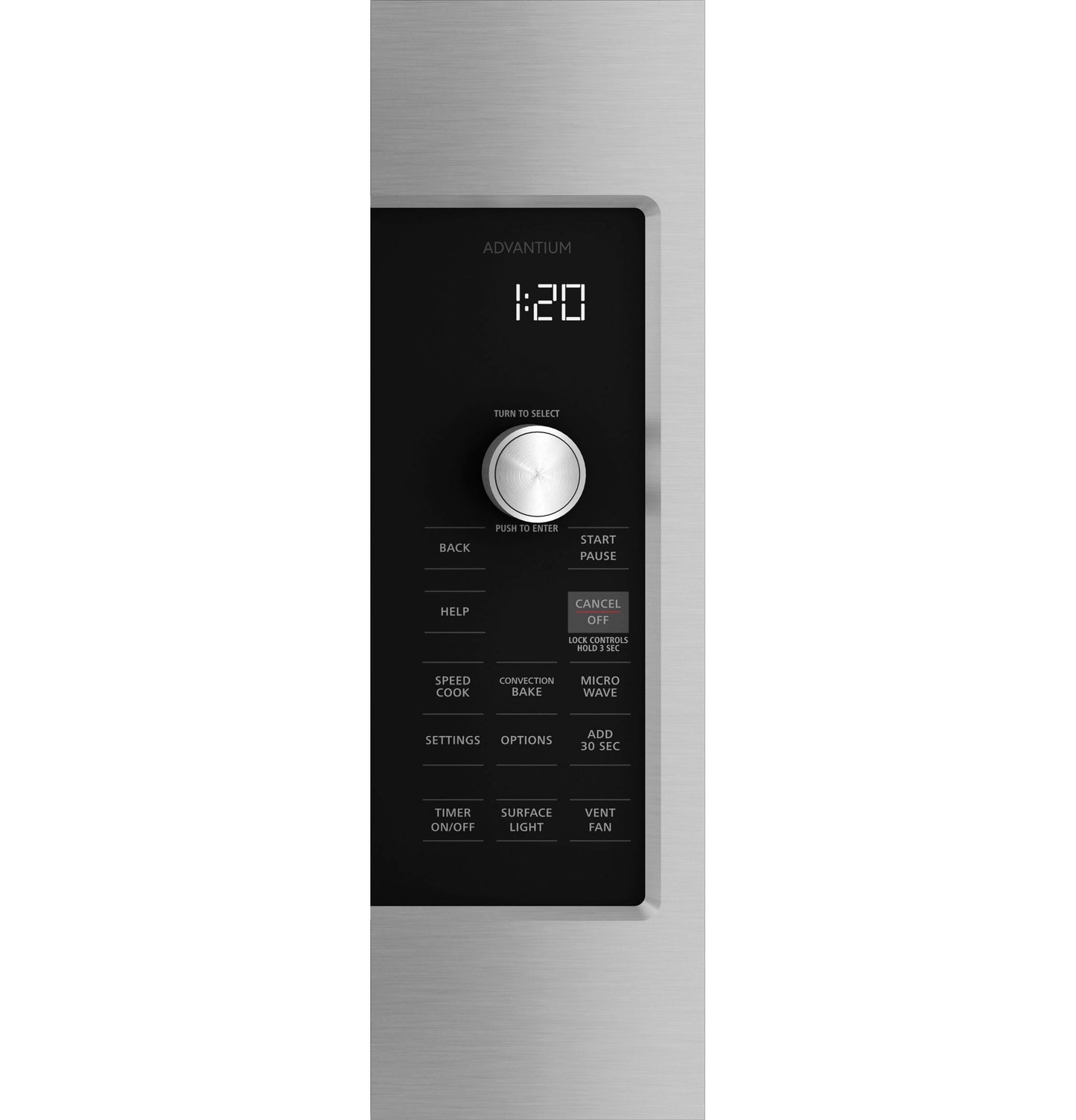 Control panel close-up of stainless steel above-the-cooktop speedcooking oven with Advantium technology in kitchen appliances