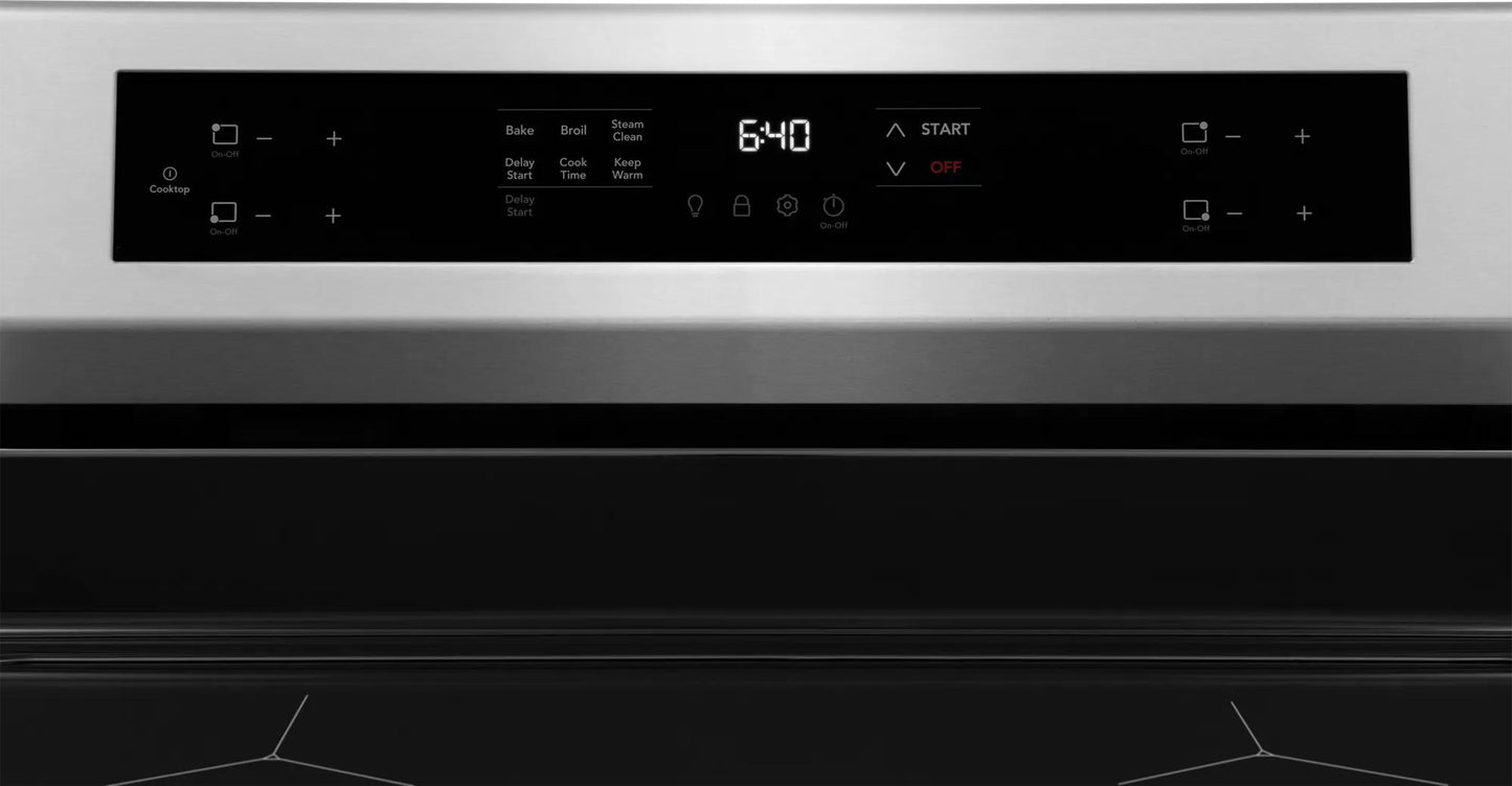 Close-up of a rear control panel on a stainless steel induction range with digital display in ranges collection