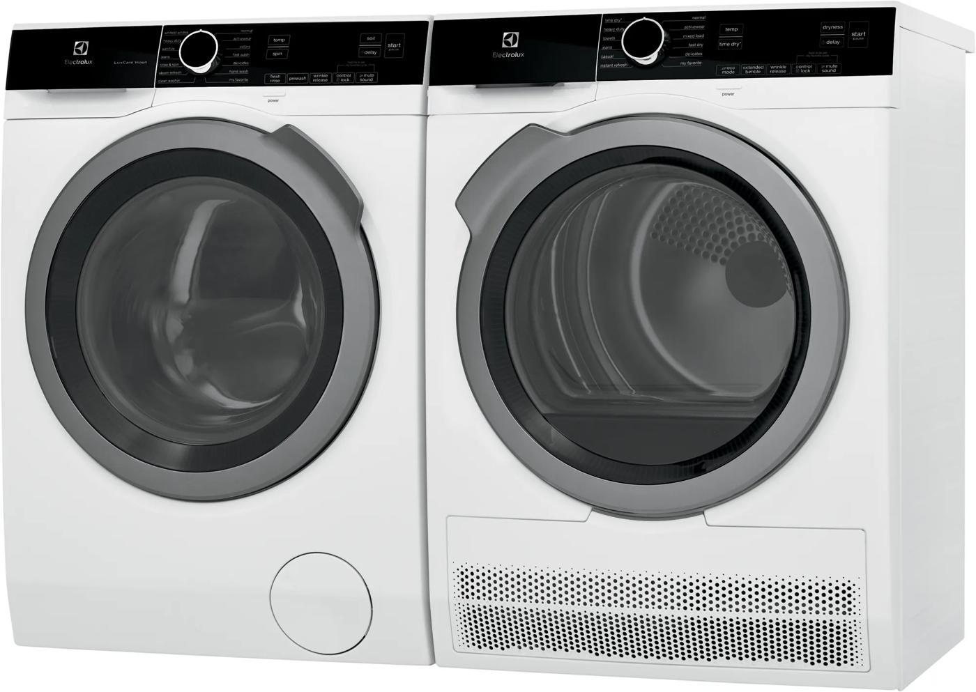 Front view of white compact front load washer and matching dryer set with digital controls in washers and dryers collection