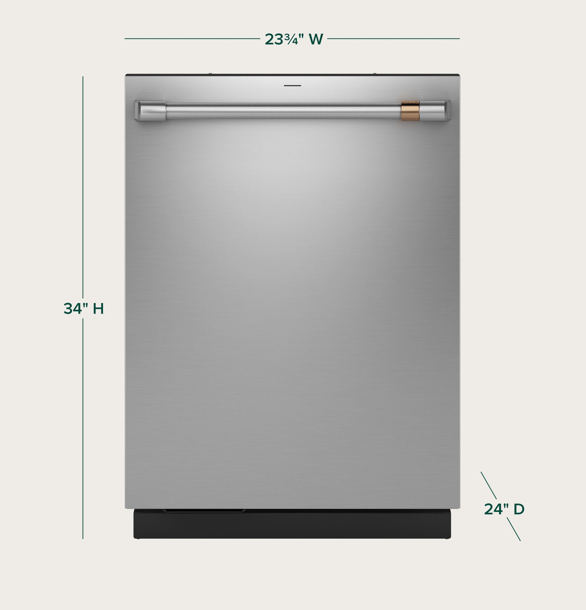 Front view of stainless steel dishwasher with modern handle and black base, kitchen appliance for home improvement projects