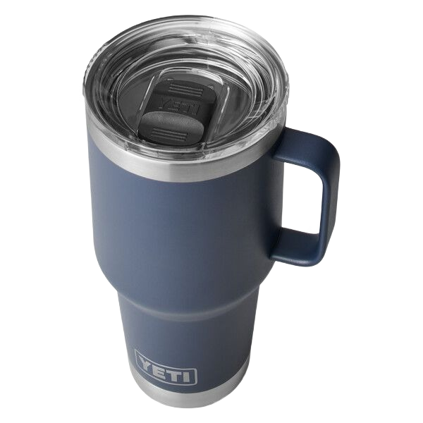 Matte blue 30 oz. insulated travel mug with handle and clear Stronghold lid, durable drinkware for kitchen and outdoor use collections