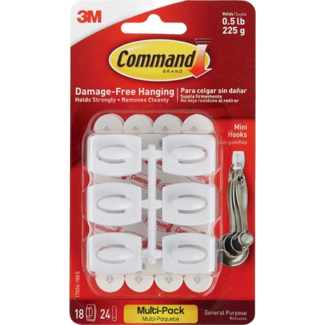 Set of 18 white mini adhesive hooks with damage-free hanging for tools and home improvement applications