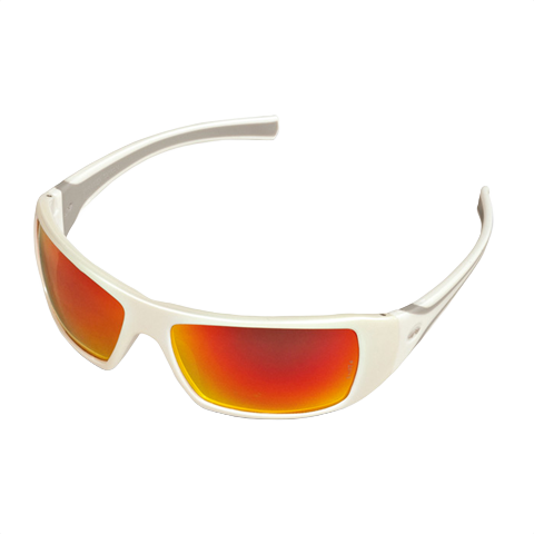 White frame sunglasses with vibrant orange mirrored lenses designed for outdoor use and home improvement tasks