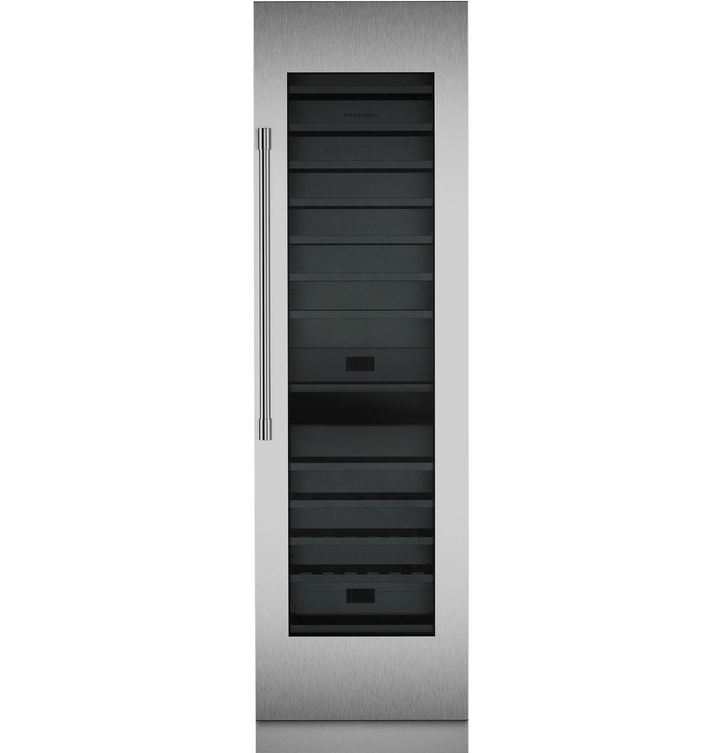 Tall stainless steel wine column with glass door and adjustable shelves in beverage centers and kitchen appliances collections