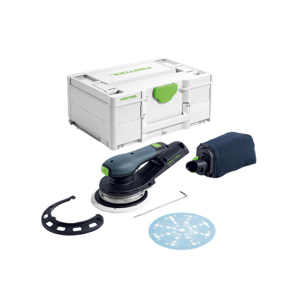 Compact cordless random orbit sander with dust collection bag, sanding pad, and white storage case for home improvement tasks