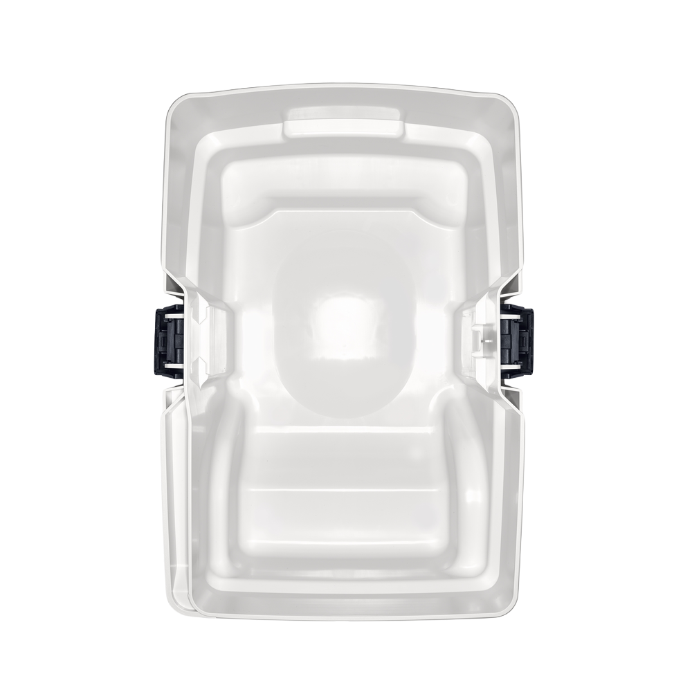 White durable plastic container insert with black side handles for dust extraction and home improvement use