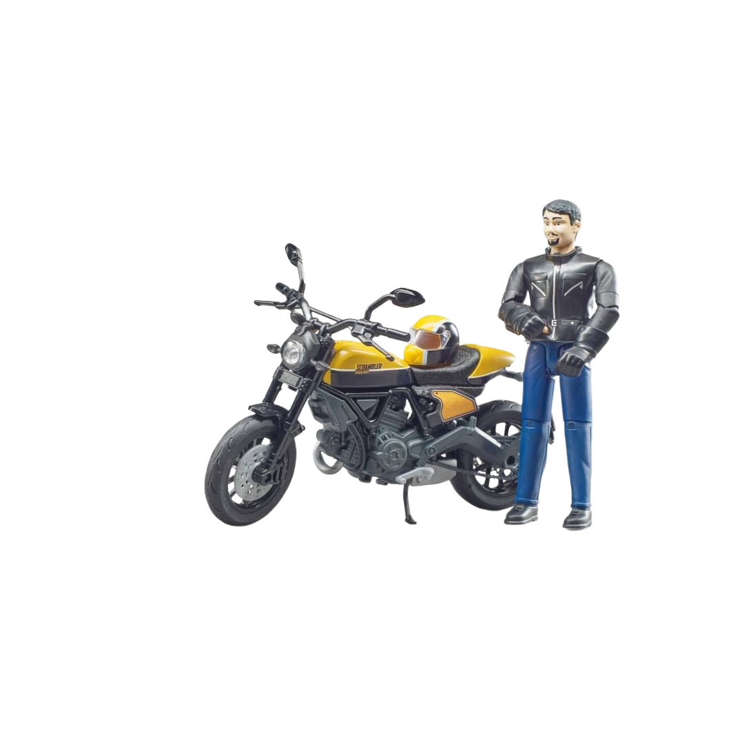 Yellow and black scrambler toy motorcycle with detailed engine and accompanying male driver figure in casual gear