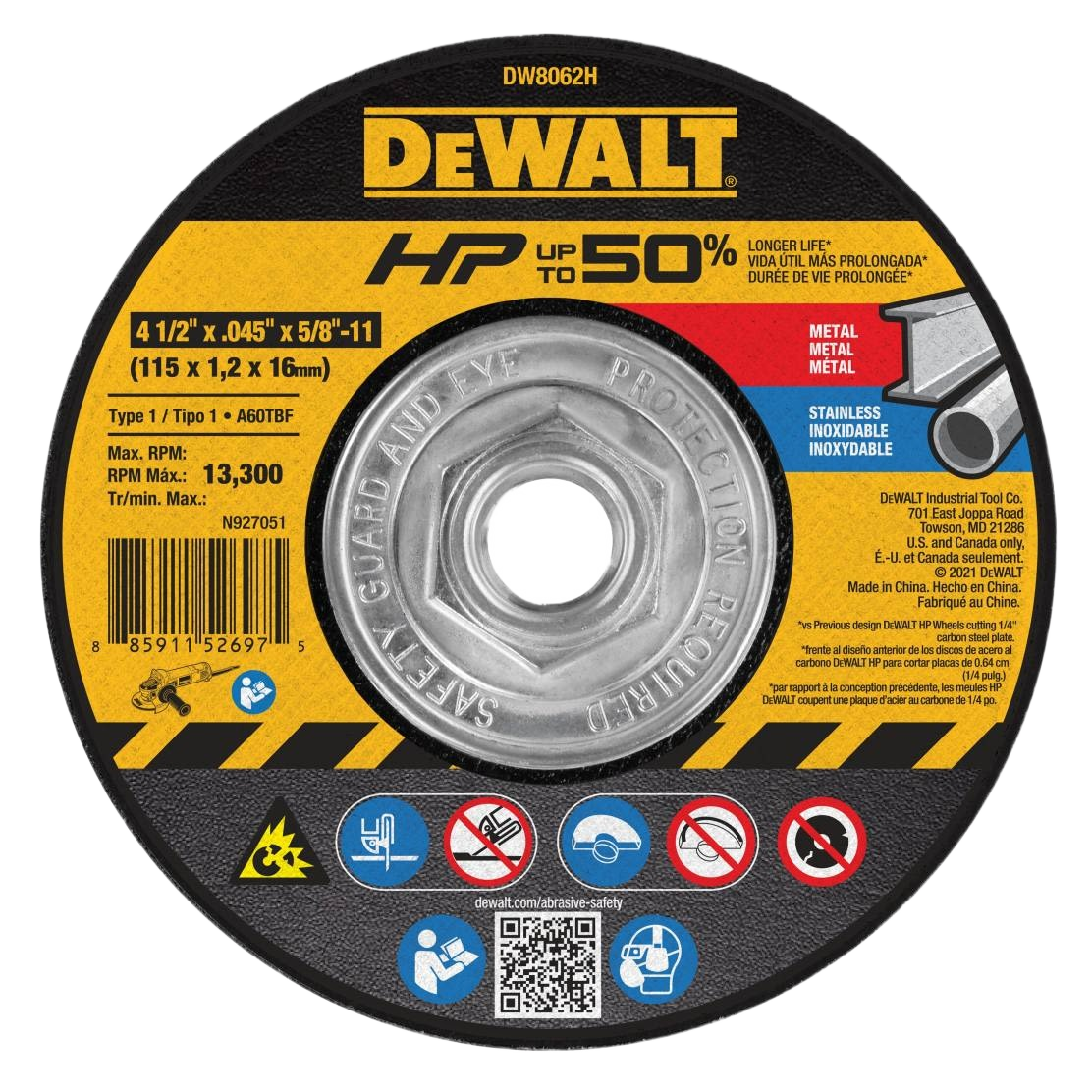 Circular metal cutting wheel with safety warnings and branding in black and yellow for tools and home improvement use