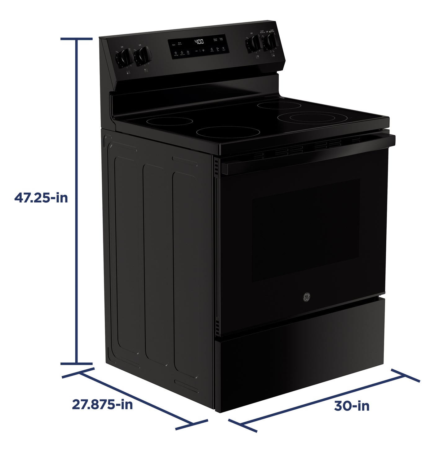 Black 30-inch free-standing electric range with smooth cooktop and control panel featuring knobs and digital display