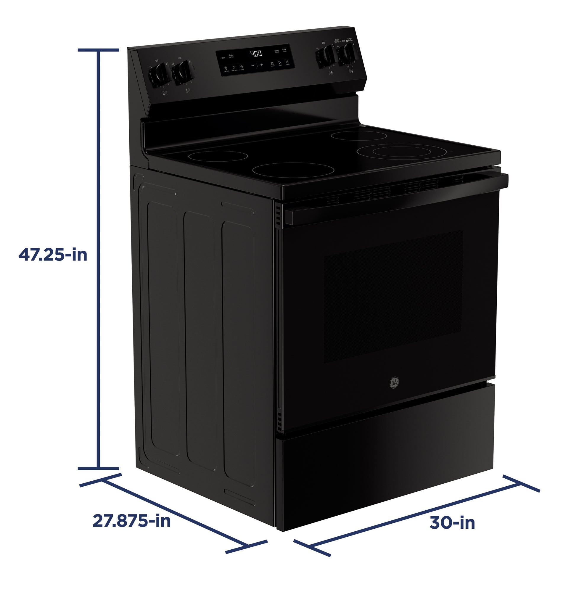 Black 30-inch free-standing electric range with smooth cooktop and control panel featuring knobs and digital display