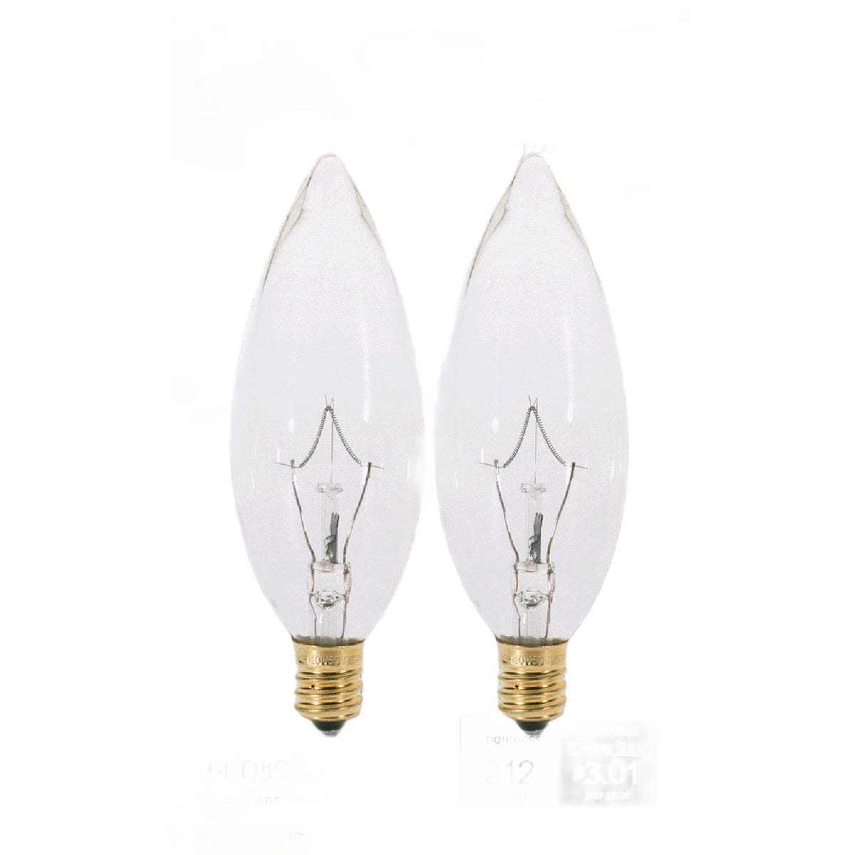 Pair of clear incandescent candelabra bulbs with brass bases for home improvement and lighting needs
