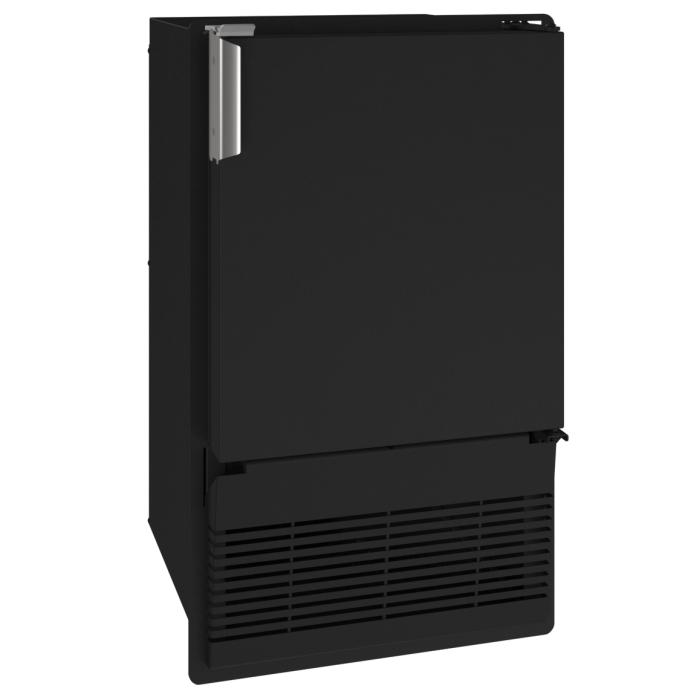 Compact black crescent ice maker with stainless steel handle, designed for kitchen and appliance use.