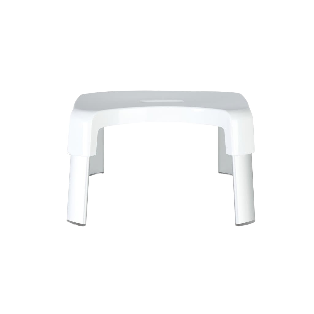 Small white multi-purpose bathroom stool for accessibility and safety in bath and home improvement spaces