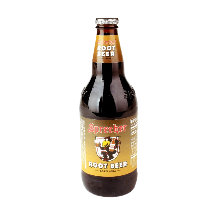 Brown glass bottle of craft root beer with vintage-style label and metal cap for beverage enjoyment