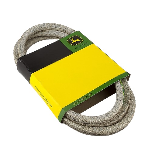 Coated drive belt wrapped in yellow and black branded John Deere packaging for tools and home improvement use