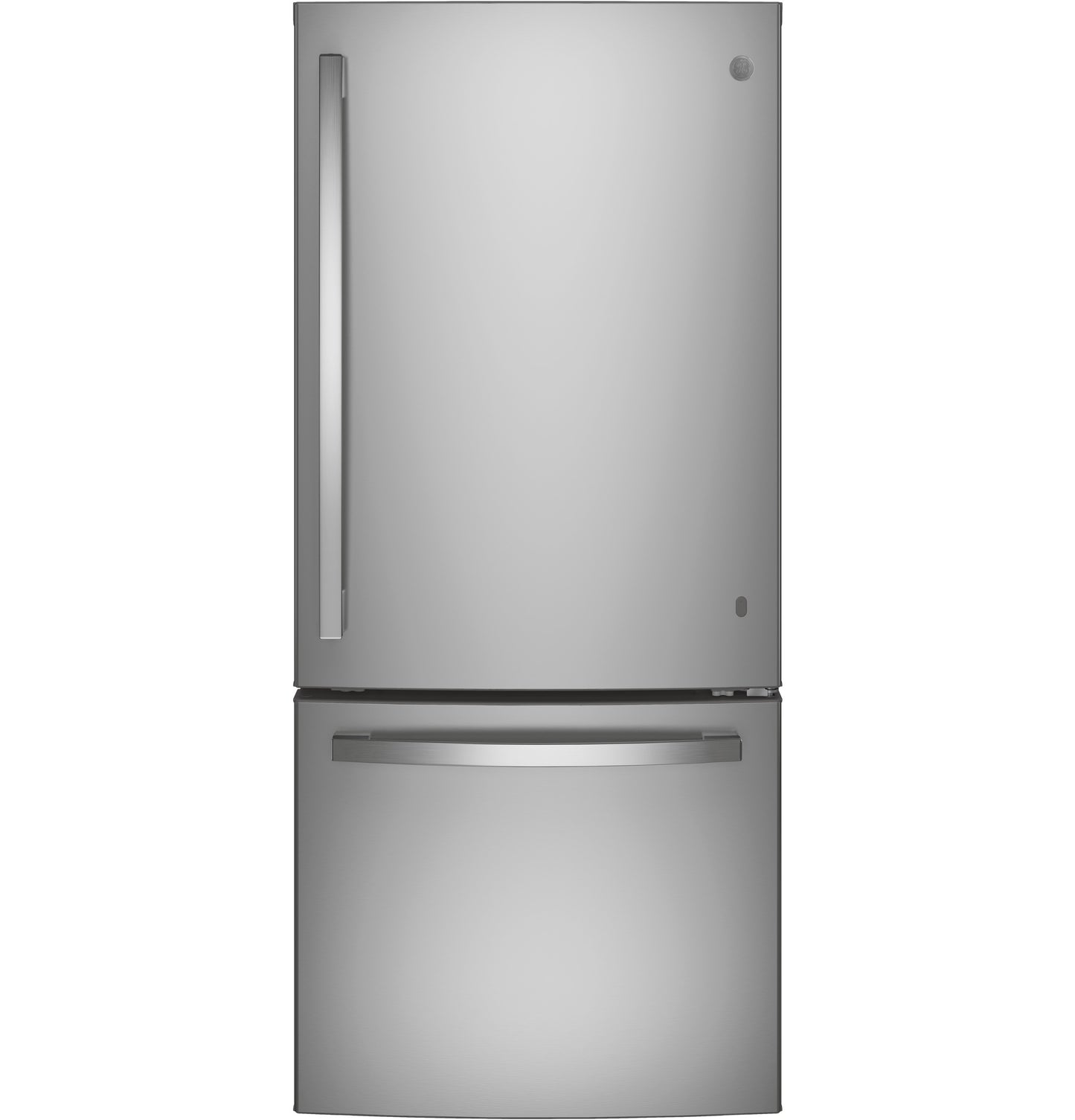 Stainless steel bottom-freezer refrigerator with curved handles from Refrigerators and Kitchen & Kitchenware collections