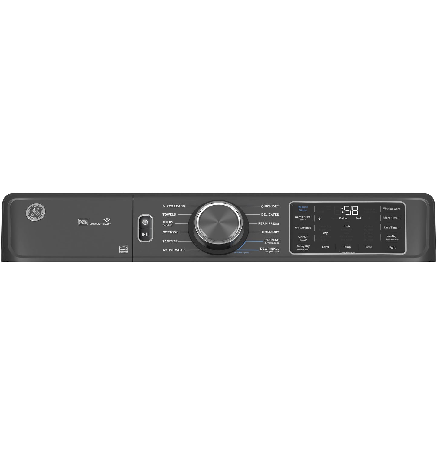 Control panel of black GE smart front load electric dryer with cycle options and digital display in Dryers and Appliances collections