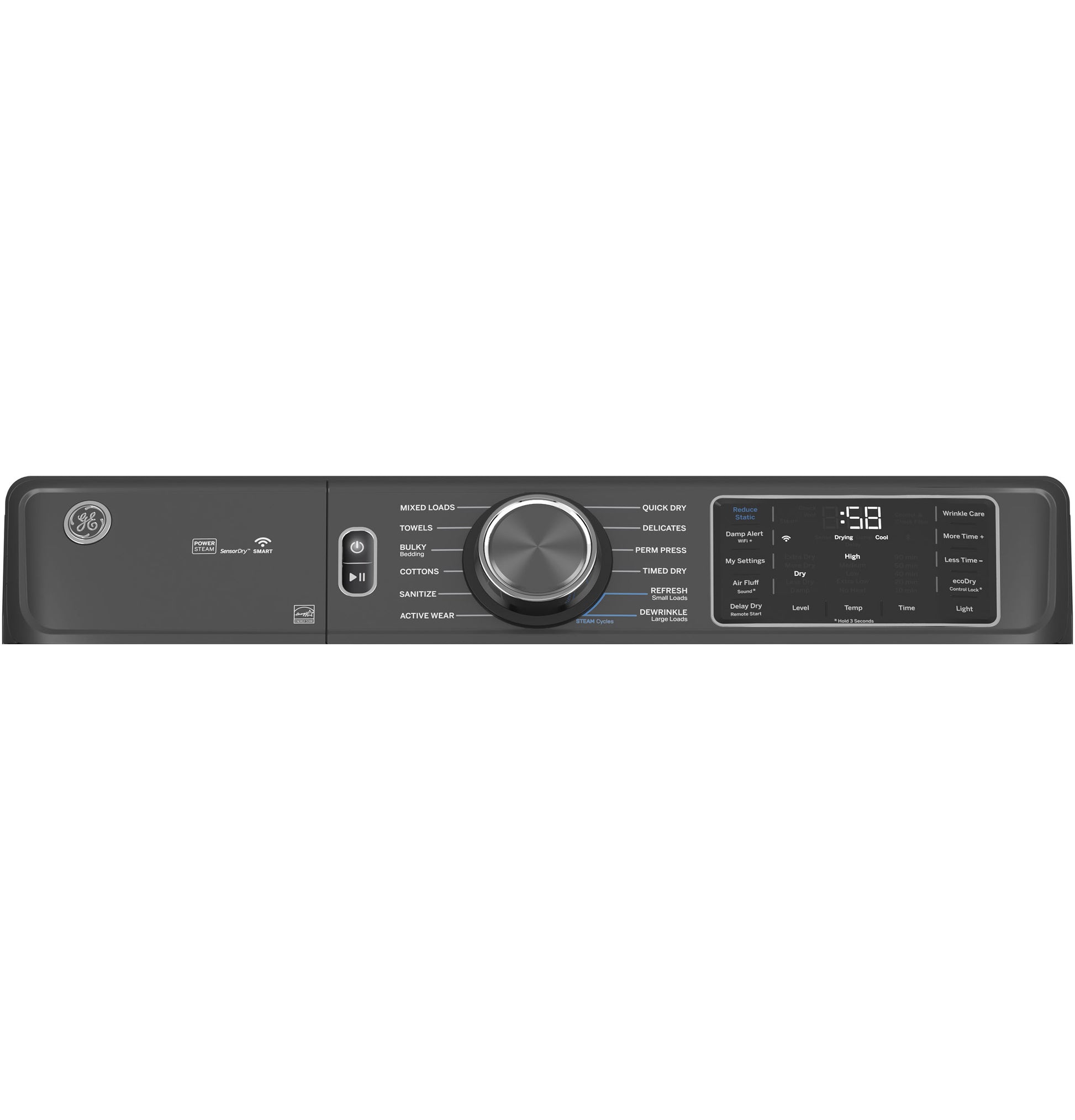 Control panel of black GE smart front load electric dryer with cycle options and digital display in Dryers and Appliances collections