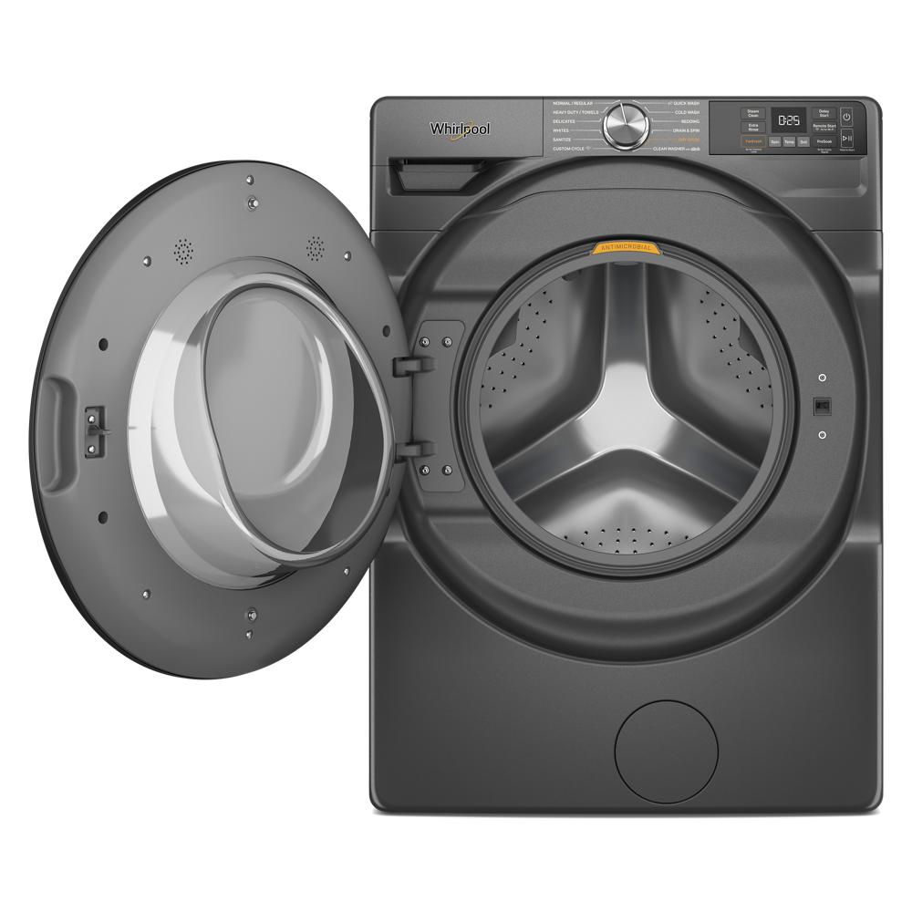 Front load dark gray washer with open door showing stainless steel drum and digital control panel in laundry appliances category