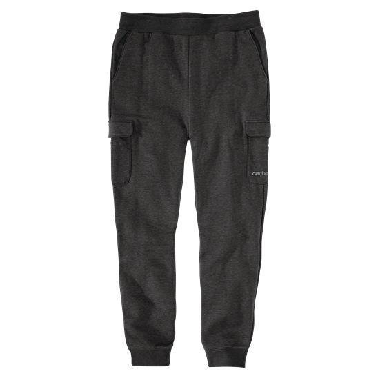 Dark gray relaxed fit sweatpants with cargo pockets and elastic cuffs for casual and workwear use