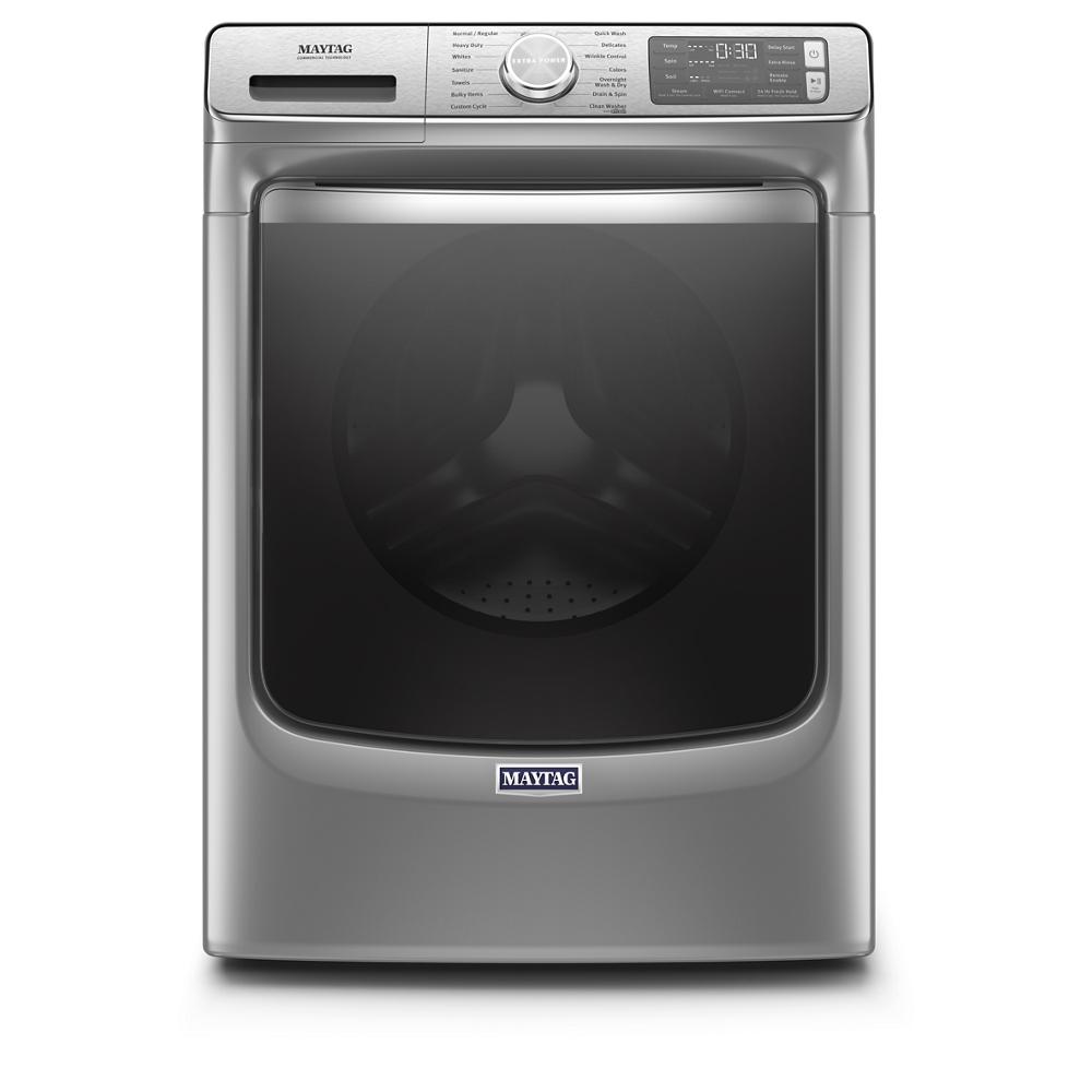 Front load stainless steel washing machine with digital controls and large dark glass door in washers collection