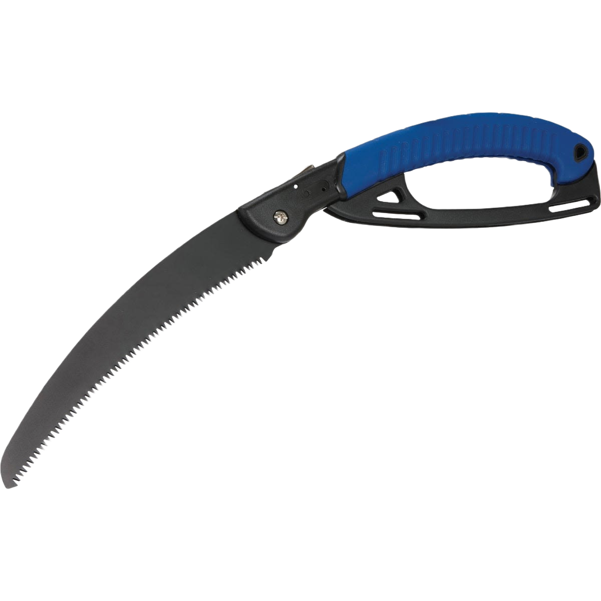 Folding pruning saw with curved serrated blade and blue ergonomic handle for garden and home improvement use
