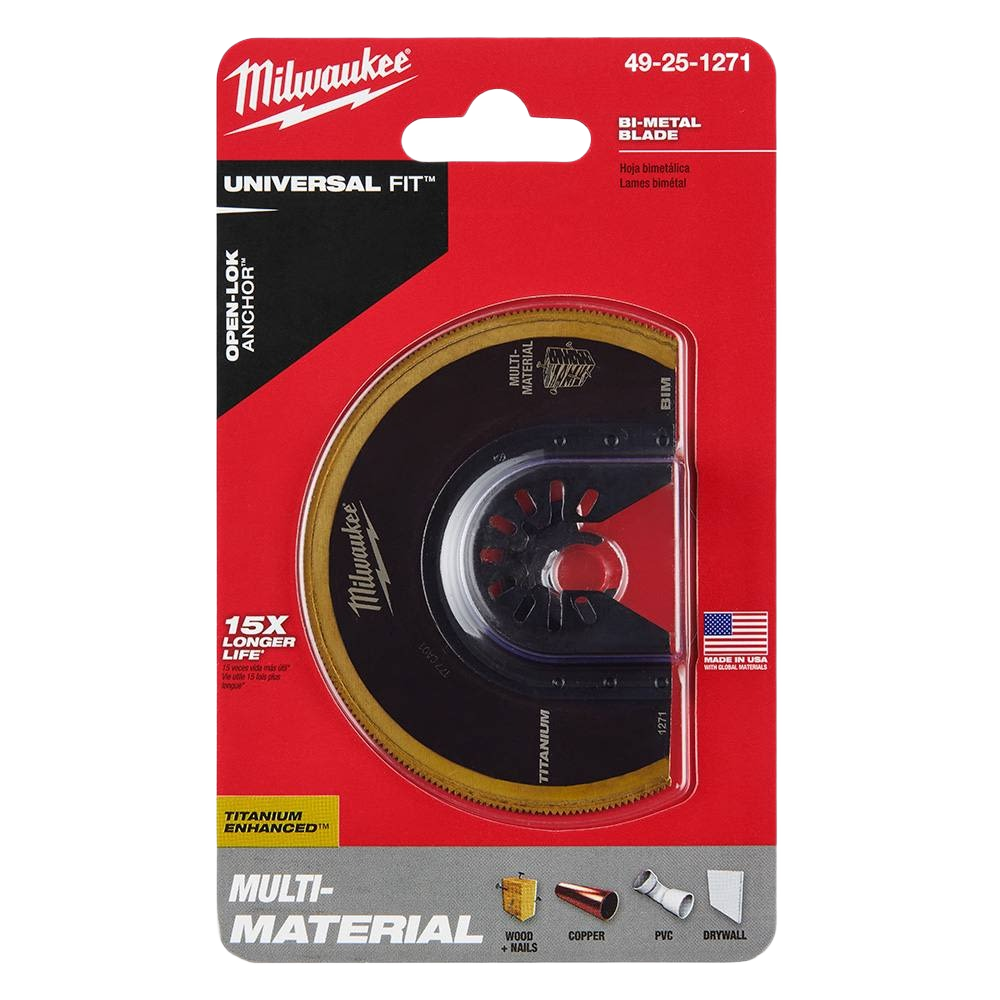 Milwaukee bi-metal blade with titanium coating for multi-material cutting in woodworking and power tool accessories collections