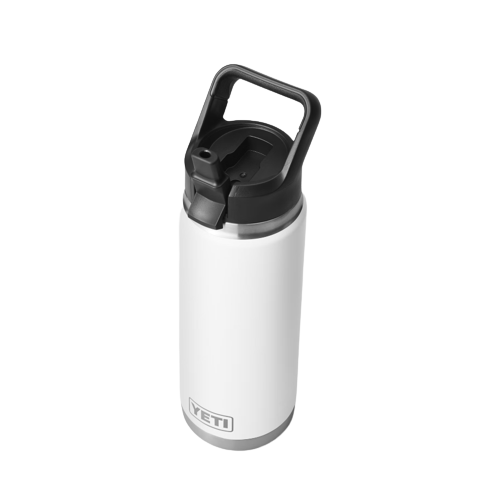White insulated stainless steel 26 oz bottle with black straw cap and wide carry handle from Drinkware & Kitchen collections