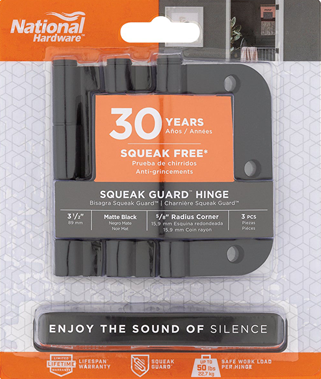 Matte black squeak guard hinge with 5/8" radius corner for silent door operation in hardware and home improvement collections