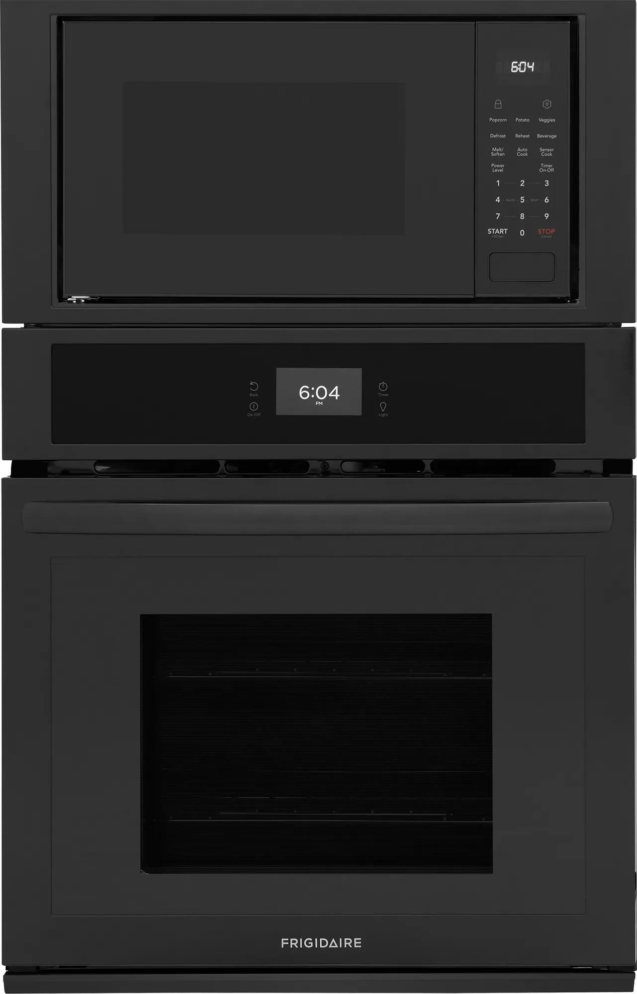 27-inch black electric wall oven with microwave combo featuring digital display and touch controls in kitchen appliances collection