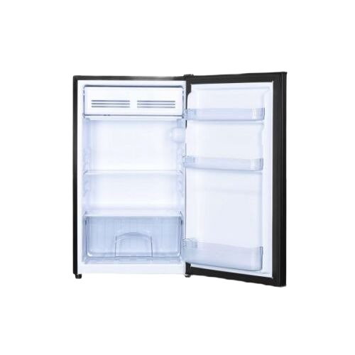 compact black refrigerator with open door showing adjustable shelves and clear crisper drawer in kitchen appliances collection