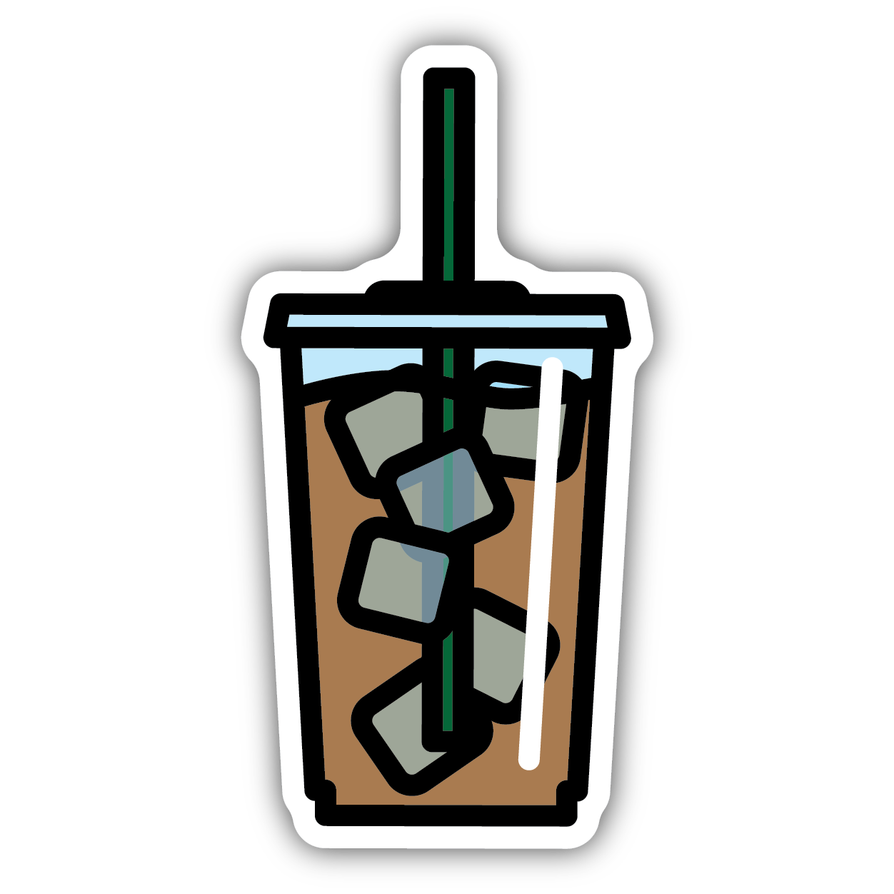 Illustration of a cold iced coffee drink with ice cubes and a green straw on a transparent cup sticker design