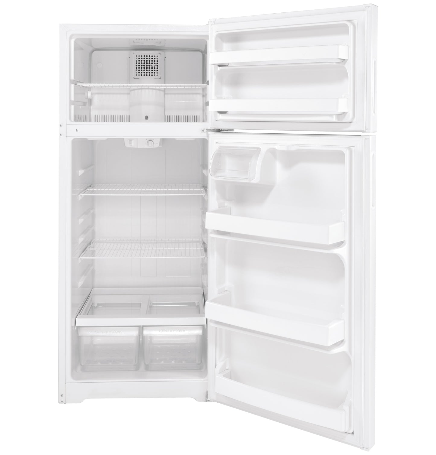 Open white recessed handle top-freezer refrigerator with adjustable shelves and clear crisper drawers in appliances collection