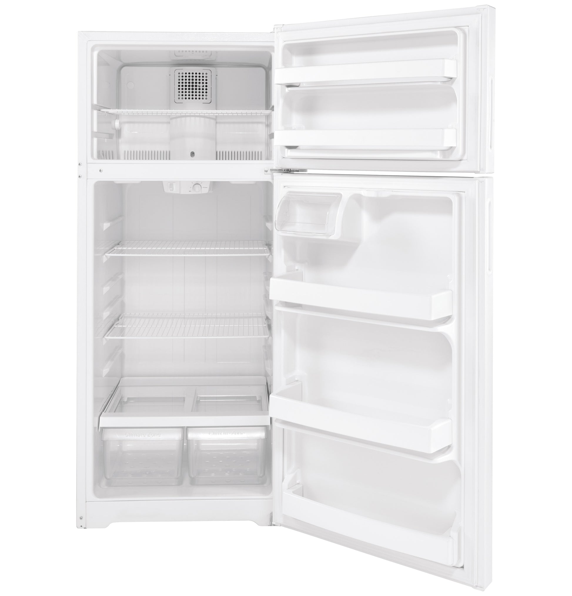 Open white recessed handle top-freezer refrigerator with adjustable shelves and clear crisper drawers in appliances collection