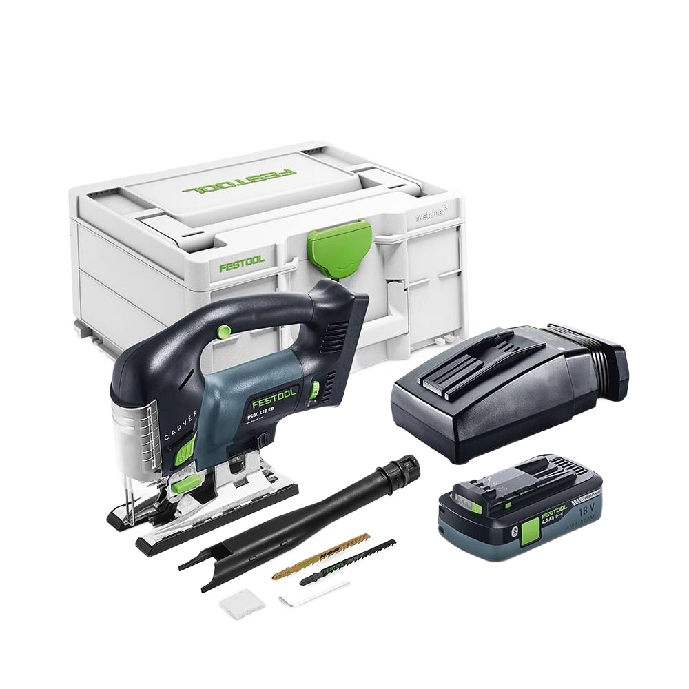 Cordless D-handle jigsaw kit with battery, charger, blades, and carry case for power tools and home improvement collections