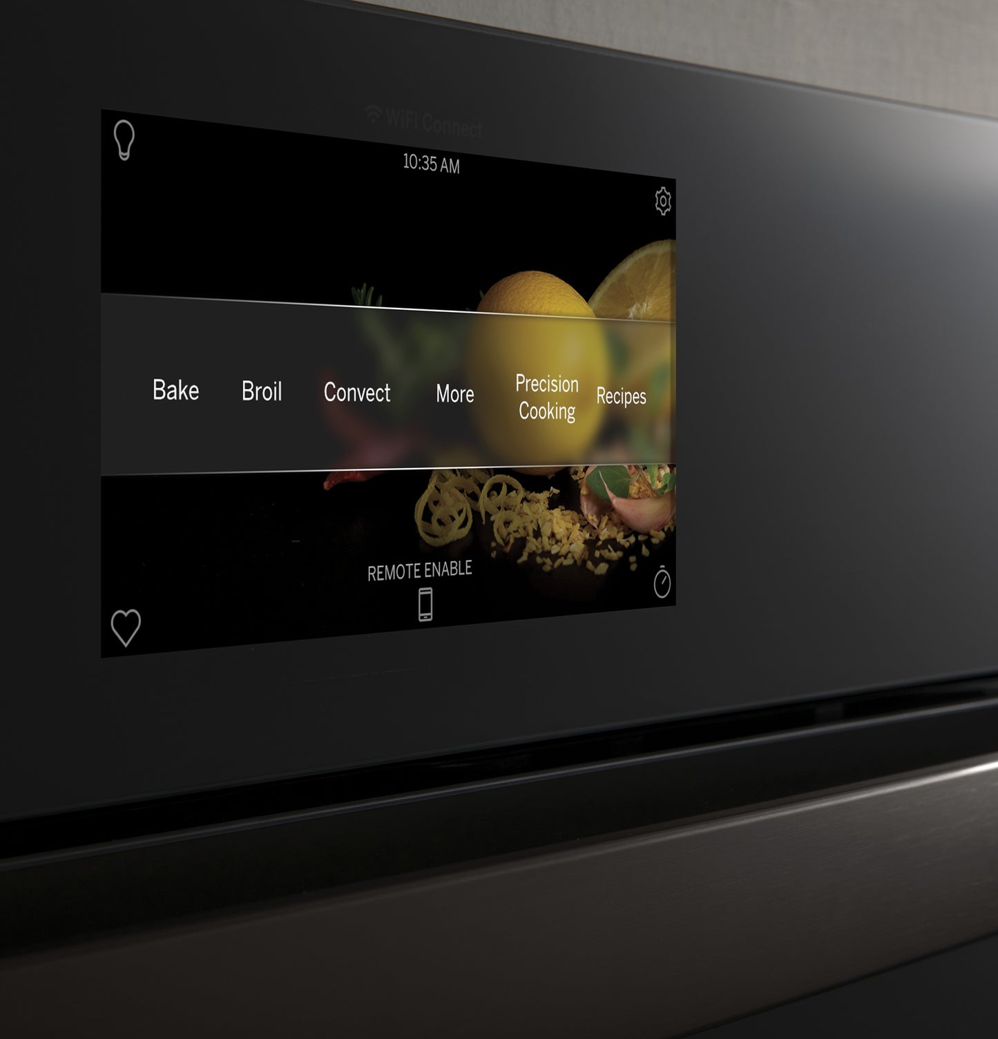 Close-up of smart oven touchscreen control panel showing cooking modes including Bake, Broil, Convect, and Precision Cooking