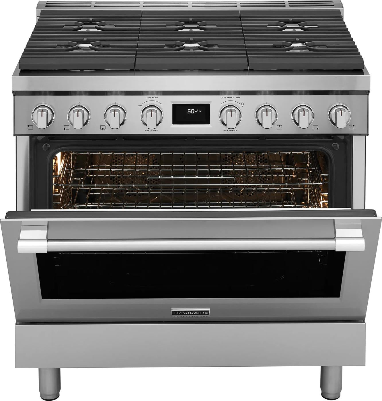 Stainless steel freestanding dual-fuel range with six burners and open oven door in kitchen appliances collection