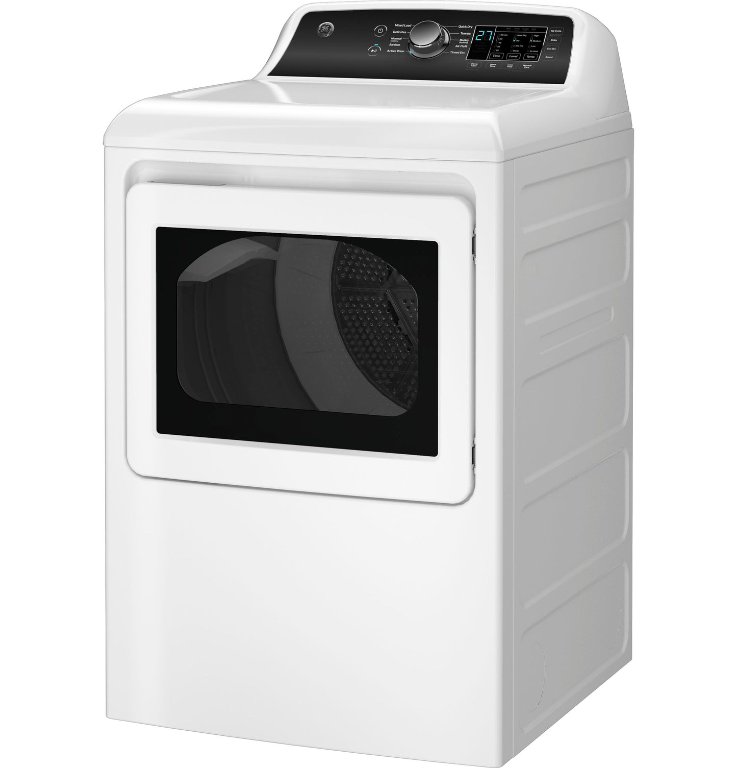 White electric dryer with large tinted window door and digital knob controls in dryers and appliances collection