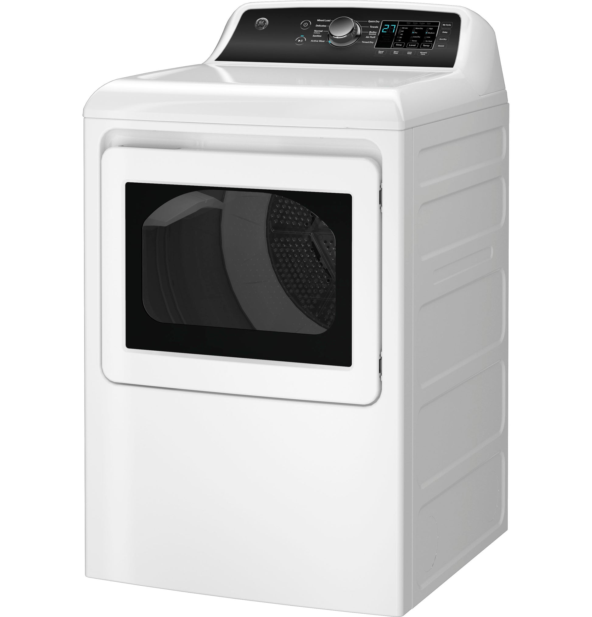 White electric dryer with large tinted window door and digital knob controls in dryers and appliances collection