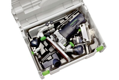 Festool trim router set neatly organized in a durable carrying case for efficient home improvement tool storage.
