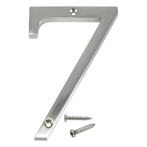 Brushed nickel flush mount house number 7 with mounting screws for home improvement projects