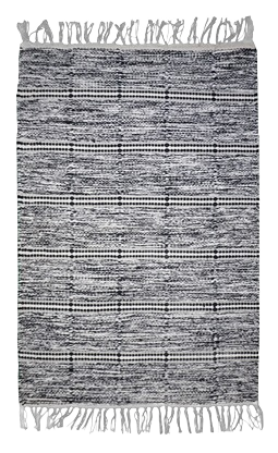 Hand-loomed cotton rag rug with black stria pattern and fringed edges for stylish home decor and area rugs collection
