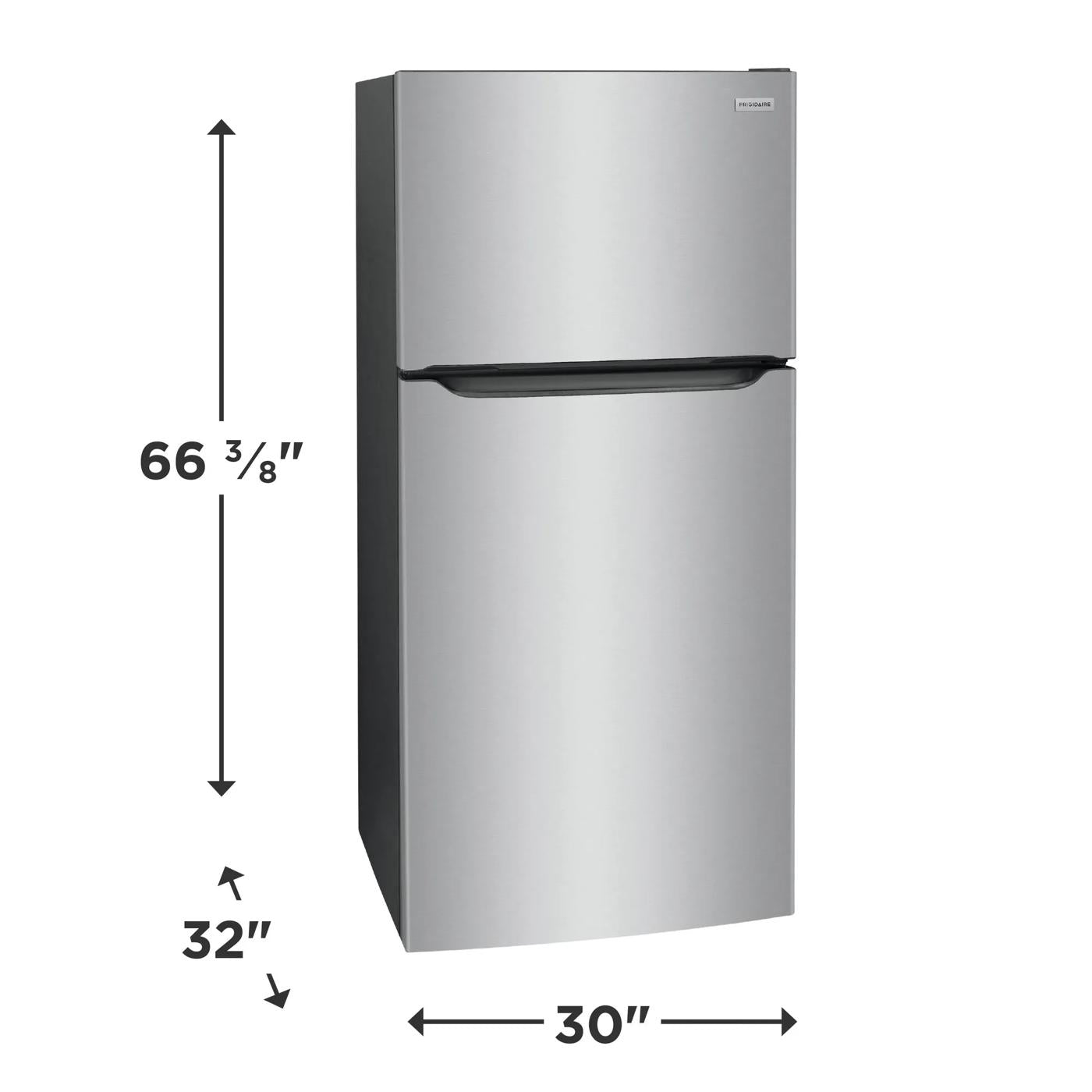 Garage-ready top freezer refrigerator in stainless steel finish with modern handle, part of Refrigerators and Appliances collections