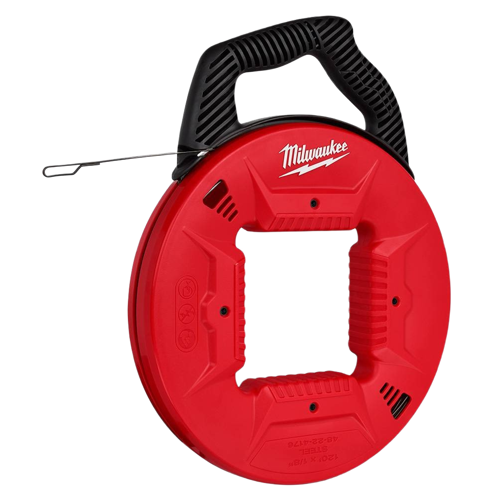 Red steel fish tape reel with ergonomic black handle for efficient wire pulling in home improvement projects