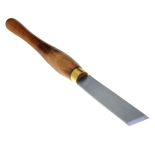 Woodturning skew chisel with polished metal blade and smooth wooden handle for woodworking tasks and home improvement.