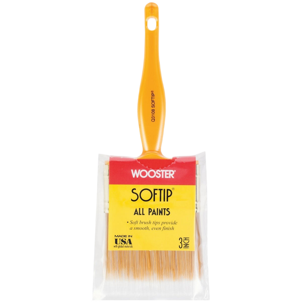 Wooster Softip flat paint brush with yellow handle and white synthetic bristles for smooth wall painting under $50 tools